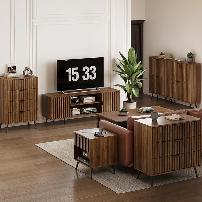 Fluted 6 Drawers Dresser, 47.24" W Modern Chest of Drawers,Wood Farmhouse Dresser Drawer Organizer for Bedroom, Living Room, Hallway, Entryway, Walnut