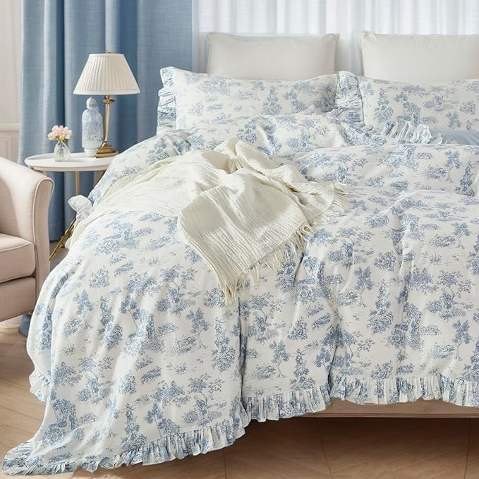 Brandream French Country Garden Toile Floral Duvet Quilt Cover King Size 100% Cotton Bedding Set Toile Tapestry Pattern Blossom Tree Branches Delicate Ruffle Fringe Design