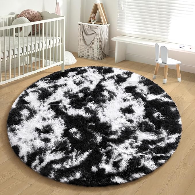EVOIONOS Round Black White Tie-dye Rug, Fluffy Circle Rug 4x4 Feet for Kids Room, Shaggy Plush Circular Carpet for Bedroom, Soft Non Slip Floor Mat, Furry Cute Small Throw Rug for Kids Room Home Decor