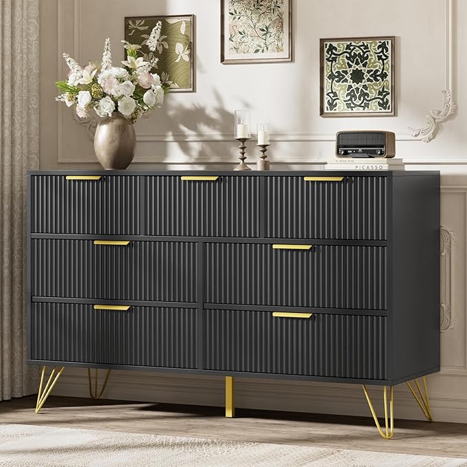 LYNSOM Fluted Dresser for Bedroom, Black 7 Drawer Dresser with Gold Handles and Wide Drawers, Wood Chest of Drawers for Bedroom, Hallway