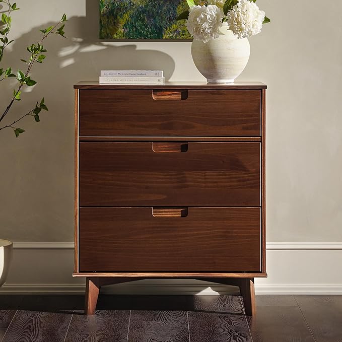 Walker Edison Sloane 3-Drawer Groove Handle Solid Pine Wood Dresser, 36 Inch, Walnut