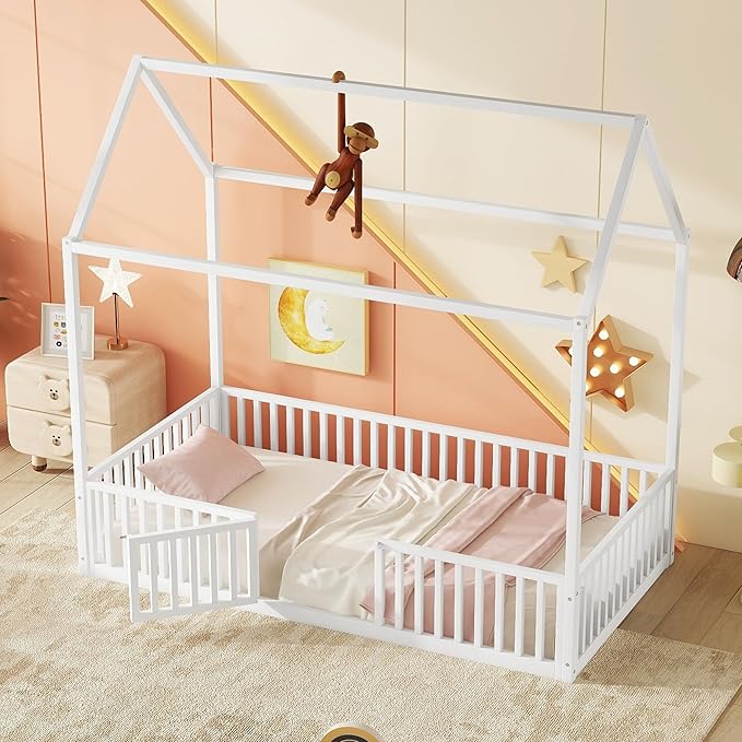 Bellemave Twin Size Kids House Bed - Metal Montessori Floor Bed with Fence and Door, White