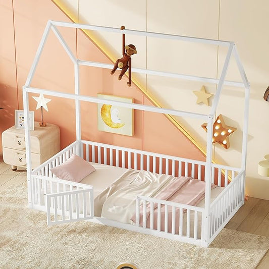 Bellemave Twin Size Kids House Bed - Metal Montessori Floor Bed with Fence and Door, White