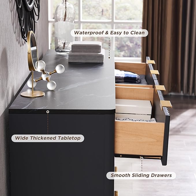 T4TREAM Fluted 6 Drawers Dresser, 54" Wide Modern Chest of Drawers with Faux Marble Top, Curved Profile Design, Dresser TV Stand, Wood Drawer Organizer for Bedroom, Living Room, Hallway, Dark Grey