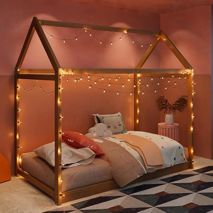 Merax Twin Size Wooden House Bed, Wood Color