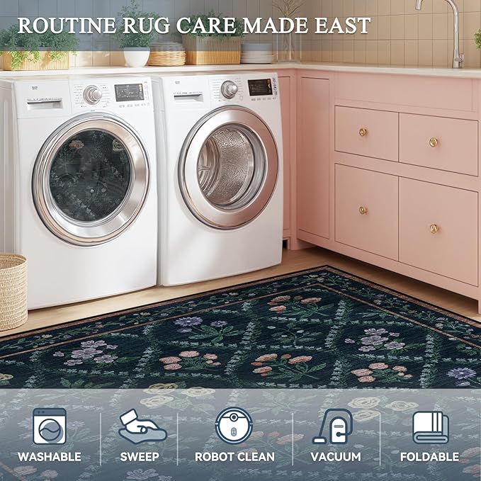 5x7 Washable Area Rug, Non Slip Vintage Floral Rug for Bedroom, Ultra-Thin Stain Resistant Floor Carpets Rugs for Living Room Dining Room Home Office,Dark Blue