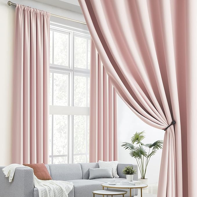 DUALIFE Solid Back Tab and Rod Pocket Curtains - Baby Pink Curtains Panels for Girls Room Nursery Thermal Insulated Blackout Window Drapes for Living Room, 52x132 Inch, 2 Panels