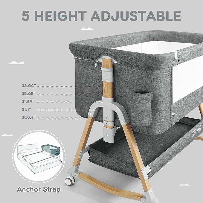 HARPPA Cuddly Bassinet, 3 in 1 Baby Bassinet, Rocking Bedside Bassinet with Wheels, 5 Height Adjustable, Includes Mosquito Net, Mattress, Anchor Strap