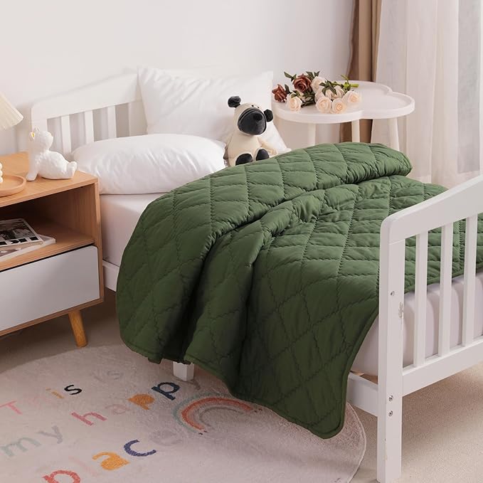FLXXIE Machine Washable Microfiber Down Alternative Toddler Comforter, Super Soft and Lightweight Kids Crib Quilted Blanket for Stroller, Travel, 39x47 Inches, Olive
