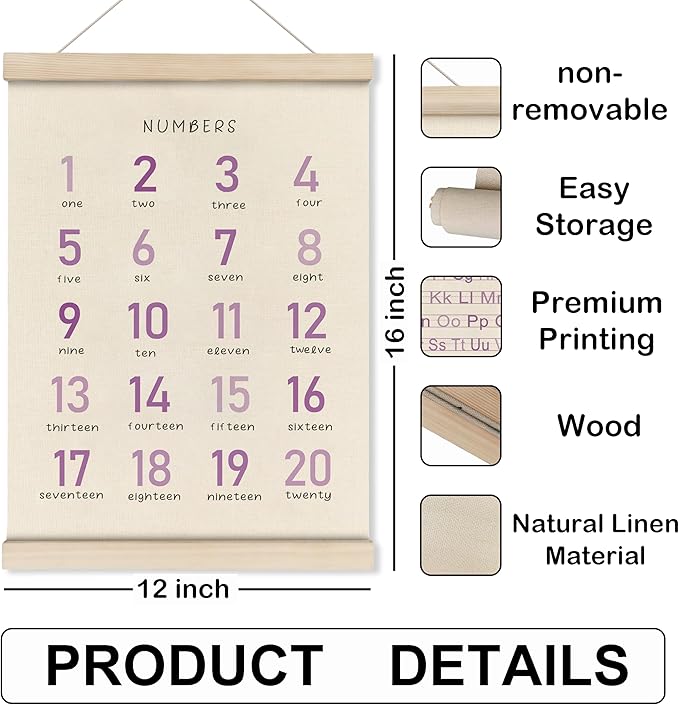 HRQKO Alphabet Numbers Poster Hanger Frame Set of 2, Girls Nursery Wall Decor, Boho ABC Poster Wall Art with Wooden Frames, Purple Alphabet Banner Wall Hanging Decor for Toddler Playroom, 12x16 Inch