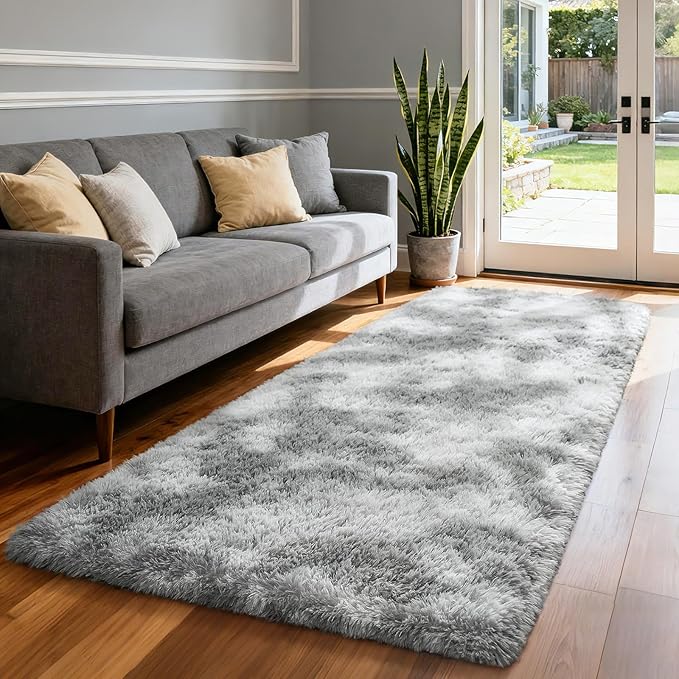 Merelax Soft Area Rugs for Livingroom Bedroom, Shaggy Plush Fuzzy Fluffy Carpet Furry Fur Rug, Modern Indoor Comfy Nursery Kids Dorm Home Decor Floor Mat, 2 x 6 ft, Tie-Dyed Light Grey