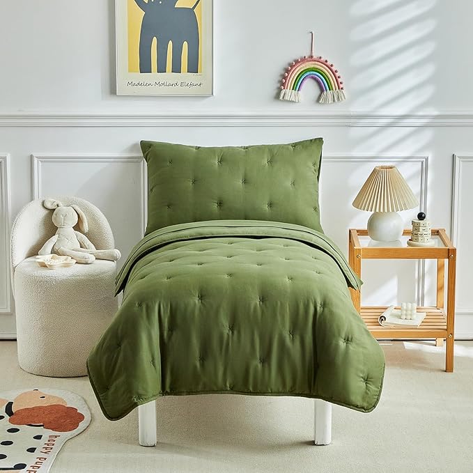 DuShow 4 Piece Toddler Bedding Set,Embroidery Crib Comforter Set for Boys Includes Toddler Bed Comforter,Fitted Sheet,Flat Sheet and Envelope Pillowcase,Soft Toddler Bed Sheet Set-Olive Green ﻿