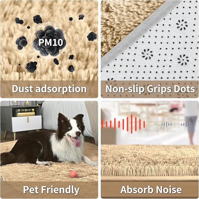 Merelax Soft Modern Indoor Large Shaggy Rug for Livingroom Bedroom Dorm Kids Room Home Decorative, Non-Slip Plush Fluffy Furry Fur Area Rugs Comfy Nursery Accent Floor Carpet 6x9 Feet, Light Tan