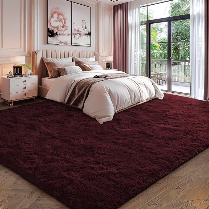 EVOIONOS 6x9 Washable Large Area Rug for Living Room, Fluffy Shag Rug Bedroom, Ultra Soft Plush Non Slip Carpet Indoor Floor Bedside Nursery Kids Girls Room Dorm, Home Decor Aesthetic, Midnight Red