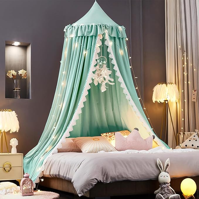 Kertnic Bed Canopy for Girls, Ruffled Soft Pink Princess Canopy Dreamy Bow Decor, Bed Canopies for Kids Room, Hanging Canopy Bedding Drapes Toddler Reading Nook Play Tent (Green)