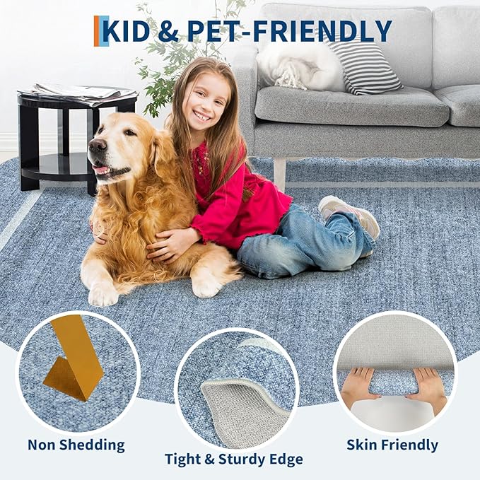 GarveeHome Scalloped Large Living Room Area Rug 6x9 - Machine Washable Modern Rugs Bordered Neutral Rug Non-Shedding Low Pile Farmhouse Carpet for Bedroom Nursery Classroom Dorm 6 ft x9 ft Blue