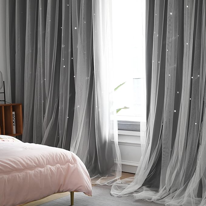 Kinryb Kids Blackout Curtains for Bedroom/Living Room/Classroom, Sheer Overlay 2 Panel Set, Double Layer Curtains with Star Cutout for Kids Room(Each Piece W 70 x L 72 Inches 2 Pcs Grey)