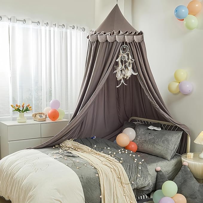 Kids Bed Canopy for Girls Room Canopy for Crib Nursery Blocking Light Hanging Reading Canopy (Ruffle Gray)