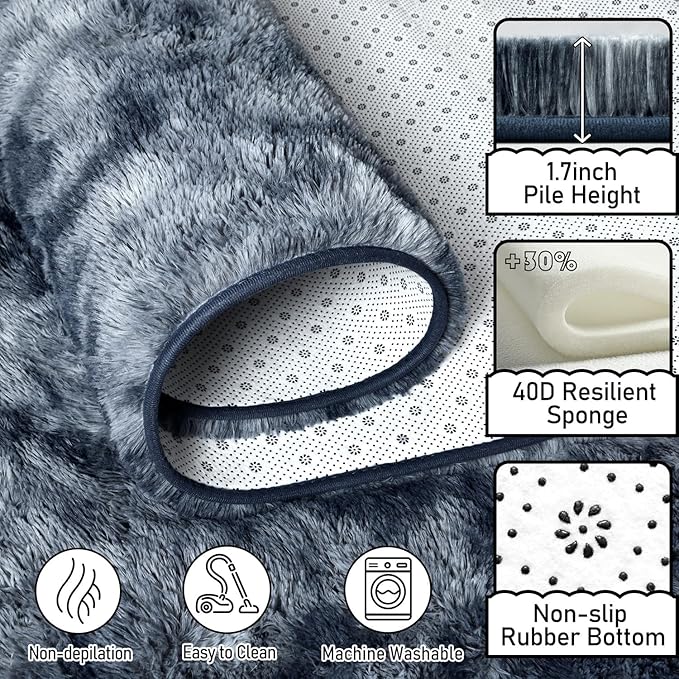 EVOIONOS 5x7 Washable Large Area Rug Living Room, Fluffy Shag Rug Bedroom, Ultra Soft Plush Non Slip Carpet Indoor Floor Bedside Nursery Kids Girls Room Dorm, Home Decor Aesthetic, Tie-Dyed Blue Grey