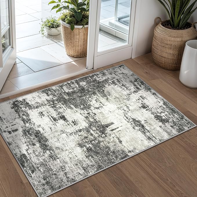 Area Rug 2x3 Washable Rug: Soft Small Entryway Rug with Anti-Slip Backing Non-Shedding Stain-Resistant Abstarct Modern Carpet for Kitchen Bedroom Indoor Front Entrance- Black