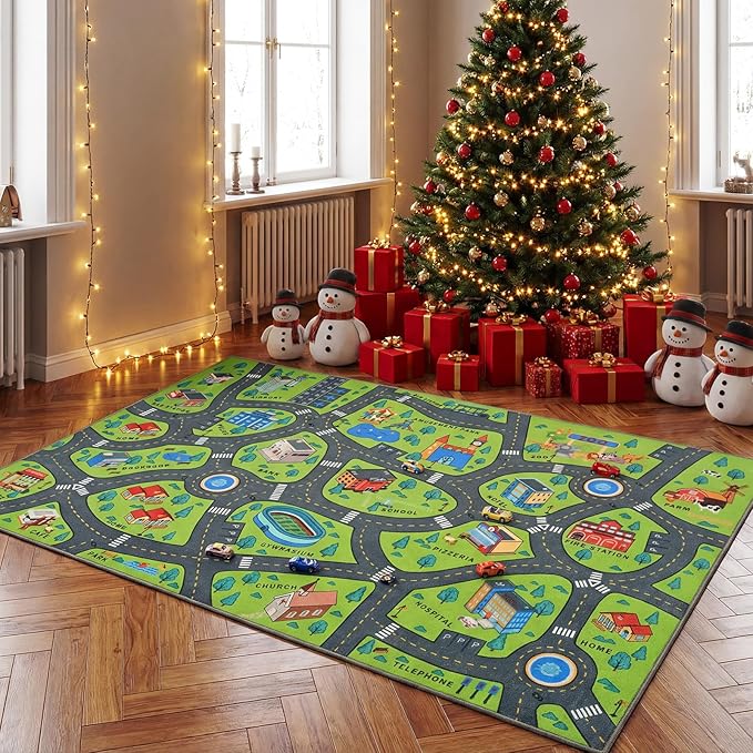 Merelax 4x6 Kids Car Area Rug, Green Grey Area Road Rugs for Living Room Playroom Classroom Bedroom, Non Slip Kids Play mat, Washable Rug, Educational City Traffic Map Fun Car Carpet for Ages 3-12