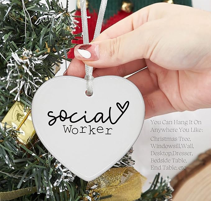 Heart Shaped Christmas Ornament-Social Worker Definition Gift-Funny Appreciation Birthday Retirement for Boss Coworker Teacher Office Ceramic Keepsake