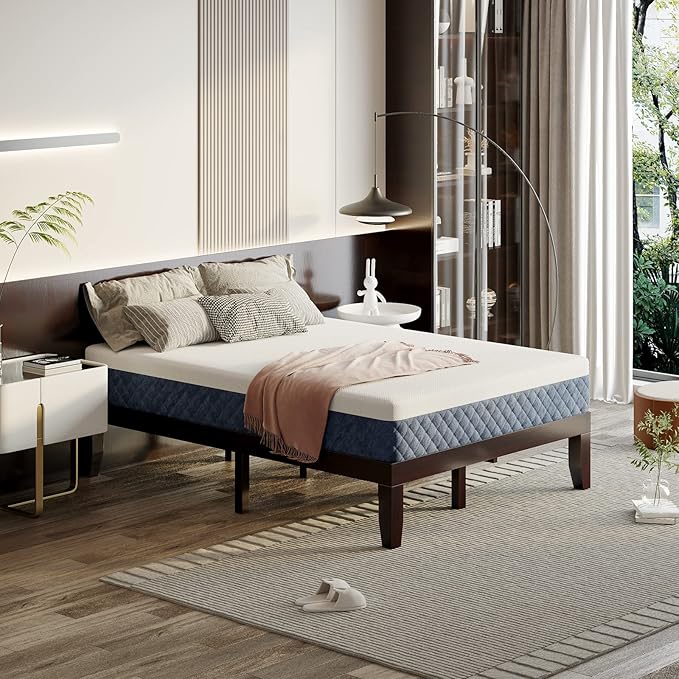 KOMFOTT 14 Inches Wood Platform Bed Frame Full Size, Wooden Mattress Foundation with Rubber Wood Frame, Strong Wooden Slat Support, No Box Spring Needed, Bed Frame (Dark Brown)