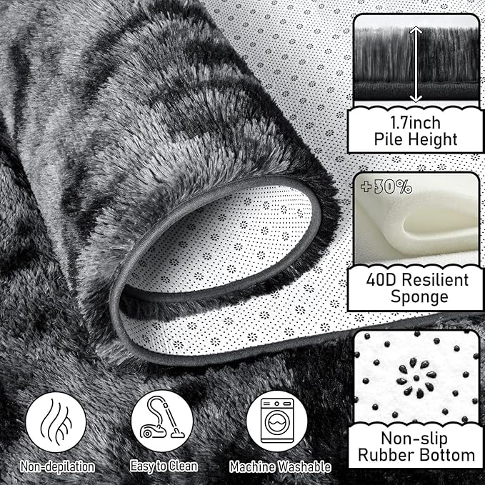 EVOIONOS 8x10 Washable Large Area Rug Living Room, Fluffy Shag Rug Bedroom, Ultra Soft Plush Non Slip Carpet Indoor Floor Bedside Nursery Kids Girls Room Dorm, Home Decor Aesthetic Tie-Dyed Dark Grey