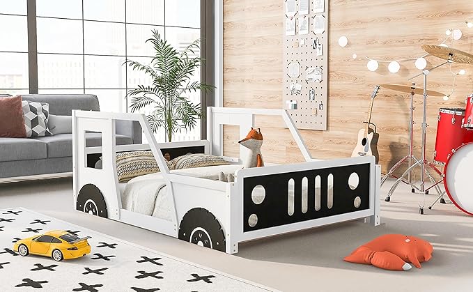 Full Size Classic Car-Shaped Platform Bed Frame for Boys Girls Kids Toddler with Wheels,White