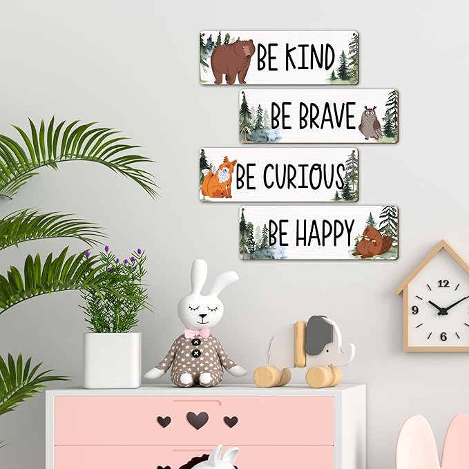 Woodland Nursery Decor, Jungle Safari Animals Boysroom Wall Sign Art, Inspirational Bedroom Decorations for Kids Boys, 4 Pieces Wood Sign, 3.9x11.8 In-A02