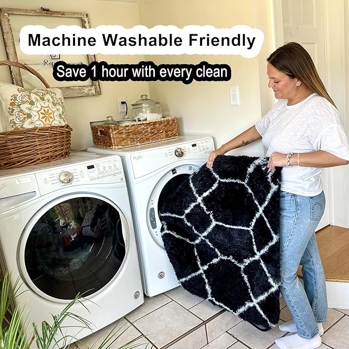 ONASAR Area Rugs for Bedroom Living Room, Fluffy 4x6 Black and White Rug, Geometric Washable Shaggy Plush Bedside Indoor Floor Carpet for Nursery Kids Teens Girls Boys Dorm Home Office Decor