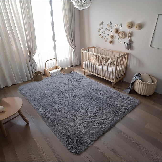 5x8 Grey Fluffy Fuzzy Area Rug for Bedroom, Soft Plush Washable Shag Carpet for Living Room,Gray Comfy Floor Non Slip Furry Shaggy Rugs for Kids Baby Boys Girls Nursery Teens College Dorm