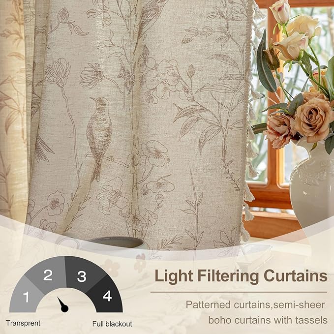 OYX Boho Curtains, Floral Curtains Beige with Garden Birds, Farmhouse Birds Drapes 96 Inches Length Semi Sheer, Rod Pocket Vintage French Country Window Curtain Set 2 Panels for Kitchen, Bedrooms