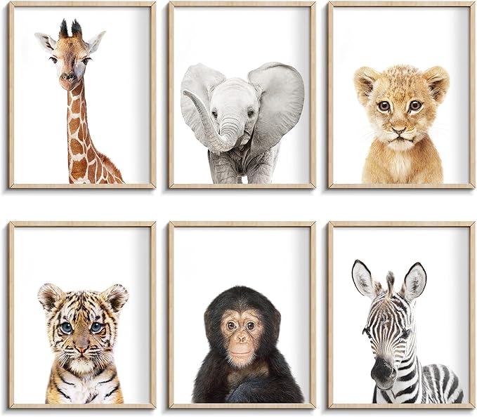 Set of 6 Baby Safari Nursery Wall Decor - Picture Cute Animal Wall Prints on Canvas, under 20 dollars gifts for Baby Boys and Girls Room, UNFRAMED Wall Art