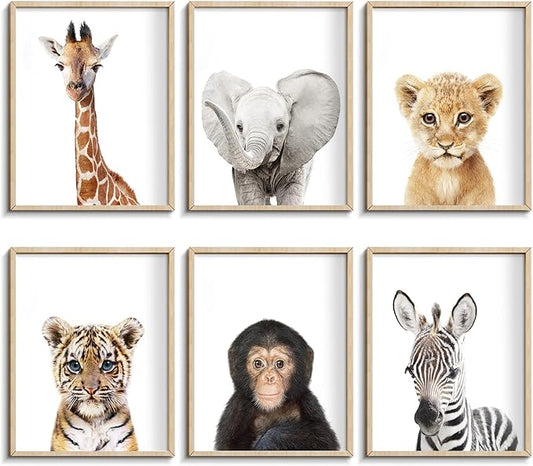 Set of 6 Baby Safari Nursery Wall Decor - Picture Cute Animal Wall Prints on Canvas, under 20 dollars gifts for Baby Boys and Girls Room, UNFRAMED Wall Art