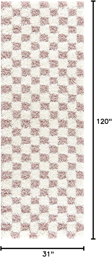 BoutiqueRugs Atira Modern Checkered Shag Runner Rug - High Pile Fluffy Shaggy Carpet for Hallway, Kitchen, Nursery, Playroom - Pink, Cream, White, Blush, Rose - 2'7" x 10' (2x10)