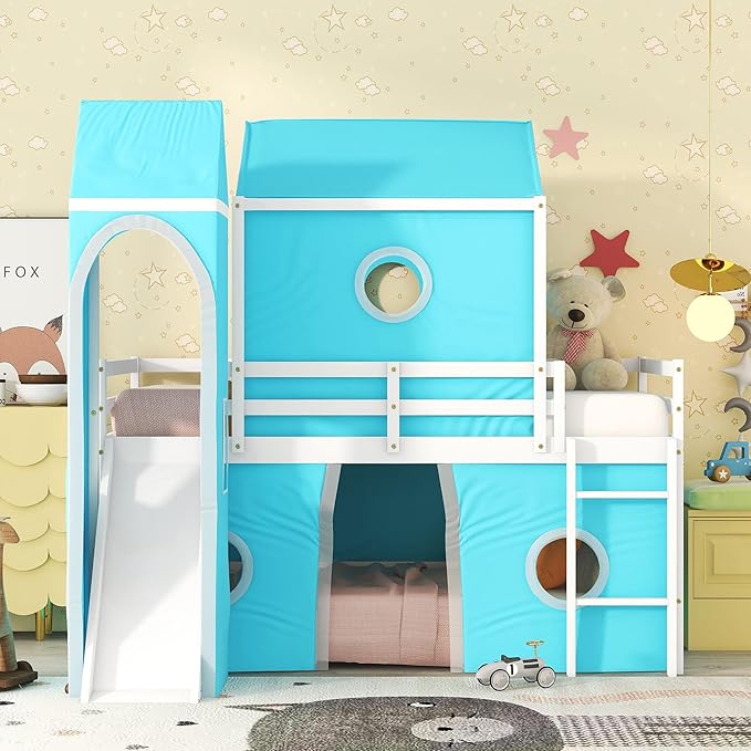 Playhouse Design Twin Size Low Loft Bed with Slide & Tent and Tower, Solid Wood Tent Bed Frame for Kids Boys Girls, Versatile Spacious Under Bed Space with Curtains(Blue-TW)