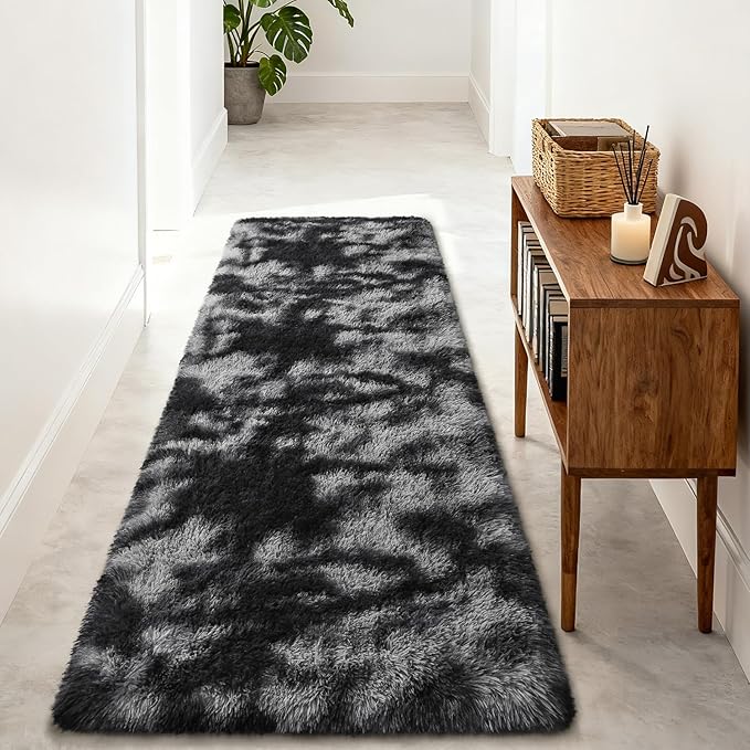 Merelax Soft Area Rugs for Livingroom Bedroom, Shaggy Plush Fuzzy Fluffy Carpet Furry Fur Rug, Modern Indoor Comfy Nursery Kids Dorm Home Decor Floor Mat, 2 x 6 ft, Tie-Dyed Black & Grey