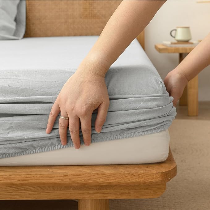 BESTOUCH Sheet Set 100% Washed Cotton Linen Feel Super Soft Comfortable Chic Lightweight 4 Pcs Home Bedding Set Solid Northern Droplet Grey Queen