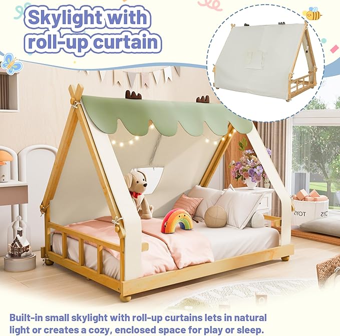 Full Size Floor Bed with Tent and Light, Wooden Montessori Bed Frame with Roof Design, Low Profile Beds for Kids, Boys and Girls, White