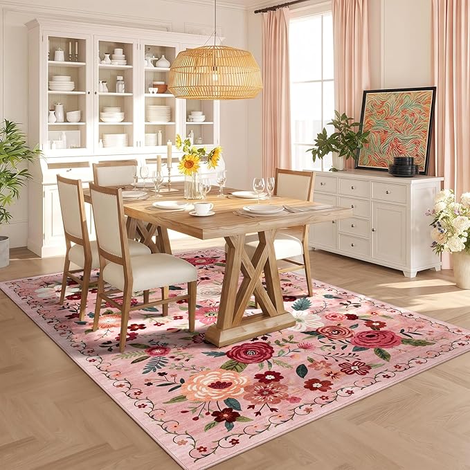 6x9 Washable Area Rug for Living Room, Floral Non-Slip Non-Shedding & Easy Care, Soft Low Pile Vintage Indoor Floor Carpet for Living Room, Bedroom, Farmhouse, Dining Room, Kids Playroom, Pink