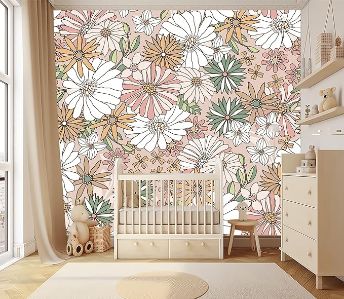 XMPMBM-Cartoon Floral Sunflower Nursery Room Fabric Wallpaper Simple Hand-Painted Kids Gaming Room Wall Mural-W 132" X H 92"（93 Square Foot）