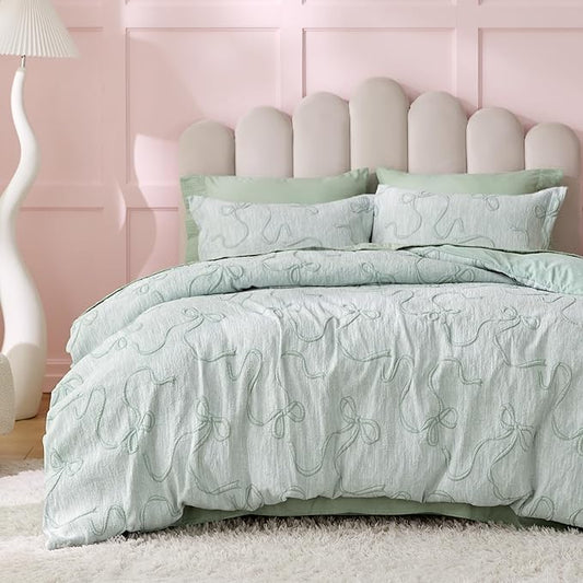 Bedsure Green Duvet Cover Queen Size with Bowknot Jacquard Design, Soft and Elegant Boho Bedding Set, Luxurious Craftsmanship for a Stylish Bedroom,Includes 1 90"x90" Duvet Cover & 2 Pillow Shams