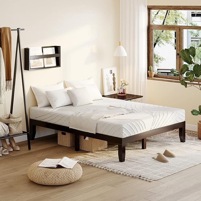 KOMFOTT 14 Inches Wood Platform Bed Frame Full Size, Wooden Mattress Foundation with Rubber Wood Frame, Strong Wooden Slat Support, No Box Spring Needed, Bed Frame (Dark Brown)
