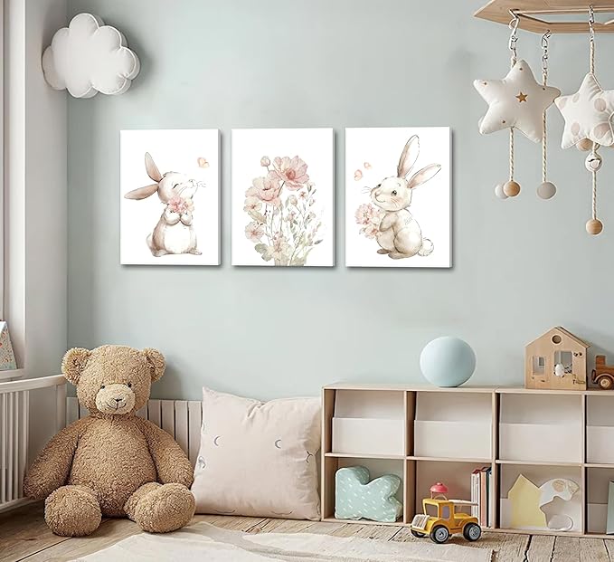 Grengel Pink Girl Nursery Bunny Canvas Wall Art Cute Rabbit Wildflowers Painting Pictures Wall Decor Botanical watercolor Flower Poster printing artwork For Baby Boys and Girls Playroom paintings