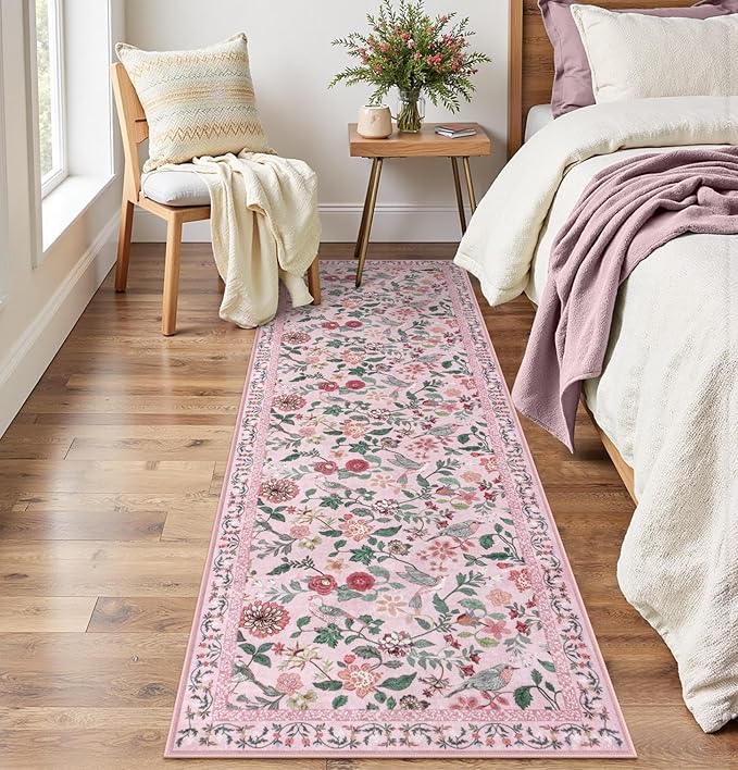 Pink Floral Runner Rug, 2x6 Washable Rug Runners for Hallways Non-Slip, Soft Low Pile Flower Birds Long Bathroom Mat Colorful Botanical Throw Carpet for Kitchen Laundry Entryway Porch