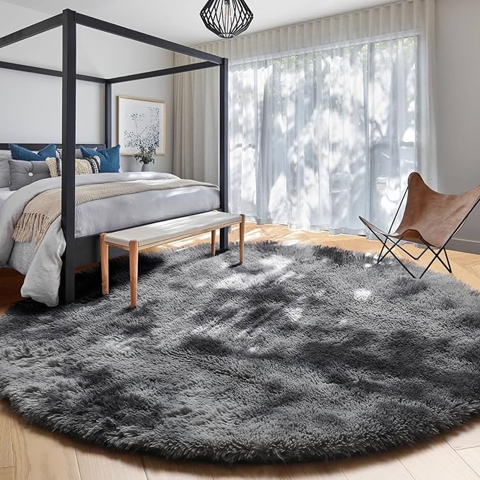 Amdrebio Tie-Dyed Dark Grey Round Area Rugs for Living Room, 6x6 Rug, Soft Thick Large Circle Rug for Bedroom, Big Shag Fluffy Fuzzy Carpet for Mens Boys Kids Room, Modern Cool Floor Circular Rug