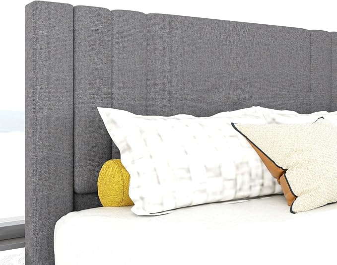 Tyndall Queen Size Bed Frame, Linen Fabric Upholstered Platform with Headboard