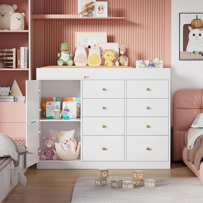 PAKASEPT Changing Table Dresser, Baby Classic Nursery Dresser with 8 Drawers and 2 Cabinet, Multi-Functional Baby Changing Table, Diaper Changing Station for Children's Room