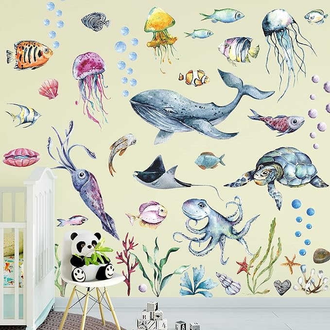 LiveGallery Ocean Life Wall Decals Under The Sea Wall Stickers Whale Jellyfish Clownfish Sea Turtle Cuttlefish Shell Seaweed Conch Coral Wall Decorations for Kids Bedroom Living Room Nursery